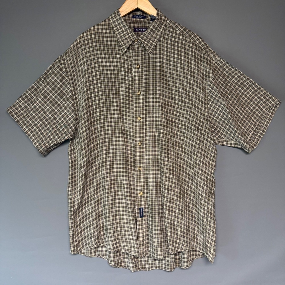 Gant Mens XL 100% Pure Linen Plaid Short Sleeve Button Down Shirt Brown Olive
